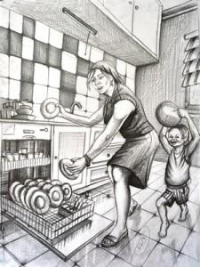 Bulaşık makinesine bulaşıkları dizen kadın.